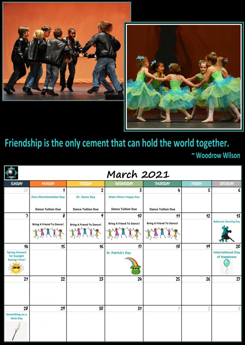 March 2021 Calendar for The Dance Element & Element Productions Inc.