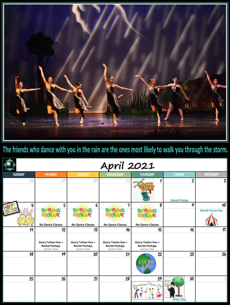 April 2021 Calendar for The Dance Element & Element Productions Inc.