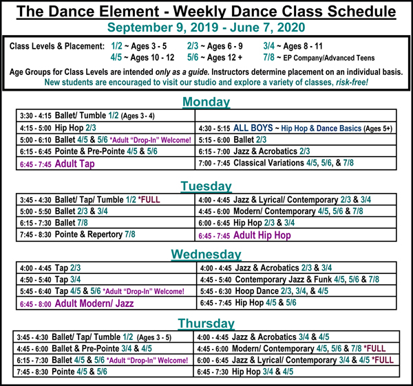 Schedule of ballet, hip hop, & Dance Classes for kids & adults in Wilmington NC.